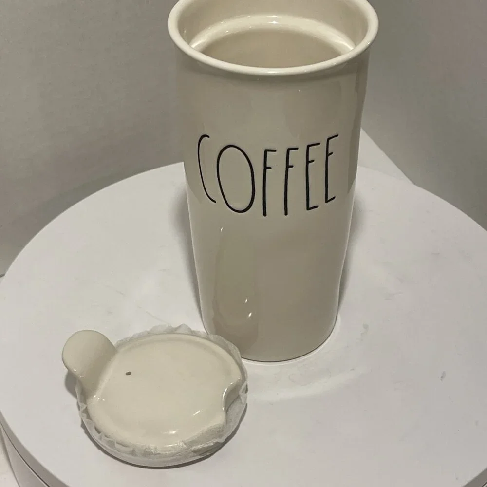 NEW Rae Dunn Coffee Travel Mug Tumbler Letter Ivory Ceramic Hot/Cold Cup Lid NEW